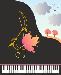 Banner with stylized grand piano, fantasy treble clef with autumn leaf and country landscape in vector.