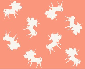 Endless simple pattern with white silhouette of fairy unicorns with mane in form of autumn leaves in vector. Print for fabric. Wrapping design.