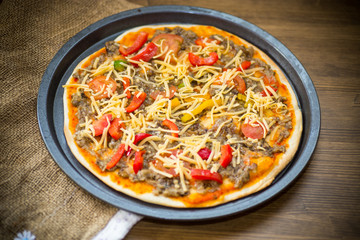 homemade pizza with forest mushrooms, peppers and tomatoes