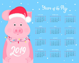 Calendar for 2019 from Sunday to Saturday. Cute pig in a hat of Santa Claus with a garland. Chinese New Year.