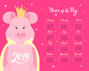 Calendar for 2019 from Sunday to Saturday. Cute cartoon pig princess in a crown and cloak. Chinese New Year.