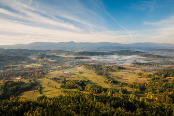 View from Krzyzna Gora in Rudawy Janowickie to Karkonosze mountains, Sudety, Poland