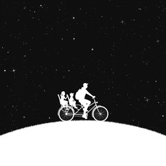 Father with children on bicycle in park at night. Vector illustration with silhouette of family riding bike on hill under starry sky. Inverted black and white