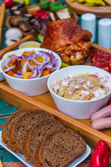 Display of assorted traditional Georgian dishes