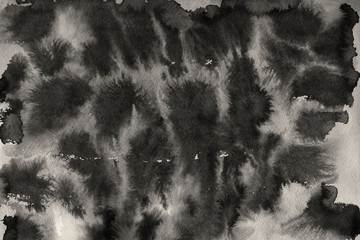  Black with grey ink texture with abstract washes and brush strokes on white watercolor paper background.