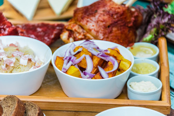 Display of assorted traditional Georgian dishes