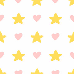 Repeating hearts and stars drawn by hand with watercolour brush. Cute seamless pattern. Sketch, watercolor, paint. Girly print.