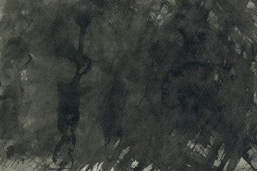  Black with grey ink texture with abstract washes and brush strokes on white watercolor paper background.