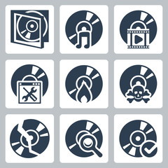 Vector isolated compact disk icons set: case, music, video, soft, search, burning, piracy