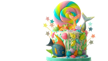 Fototapeta na wymiar Mermaid theme candyland cake with colorful glitter tails, shells and sea creatures toppers for children's, teen's, novelty birthday and party celebrations.