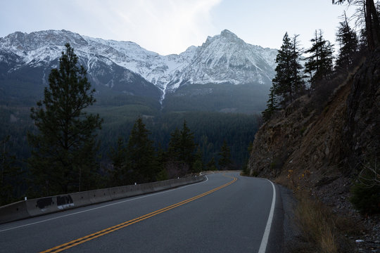 British Columbia Canada Sea To Sky Highway Road With Snowy Mountain In Background