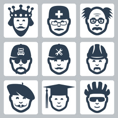 Vector profession icons set: king, doctor, scientist, trucker, repairman, builder, artist, graduating student, cyclist