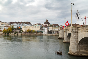 Middle bridge in Basel with swiss flags, Switzerland