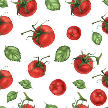 Vegan watercolor seamless pattern with basil and tomato