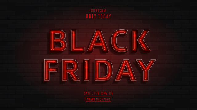 Web banner for black Friday sale. Modern neon red billboard on brick wall. Concept of advertising for seasonal offer with 3d glowing neon letters.