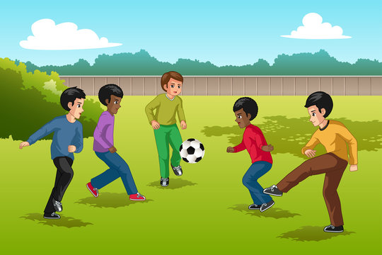Multi Ethnic Group of Kids Playing Soccer Illustration