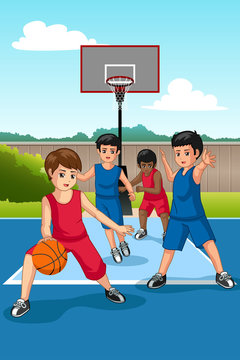 Multi Ethnic Group of Kids Playing Basketball Illustration