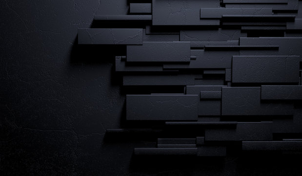 Fondo negro y oscuro abstracto de la pared o de los ladrillos de m&aacute;rmol. 3d ilustraci&oacute;n de la pared moderna y elegante. Arquitectura interior sofisticada.