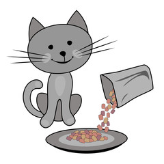 Happy cat, cat feeding concept. Owner holds carton box of cat food and feeds the cat. Vector cartoon illustration.