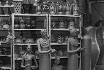 Fototapeta na wymiar A variety of local handmade Clay pottery and home decor sold in Goa India 