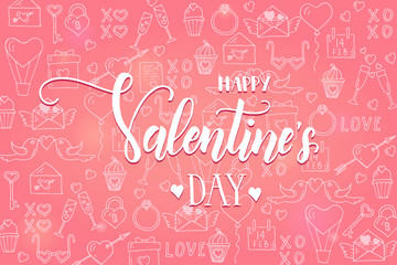 Happy Valentine's Day - Handwritting quote. Festive pink background with hand drawn love symbols. line art. Sketch