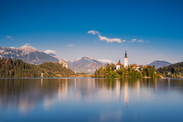 Church on island of lake Bled, long exposure, Slovenia