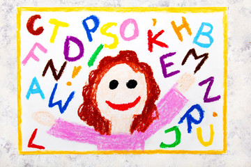 Colorful drawing: Smiling girl and colorful alphabet letters next to her