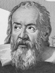 Galileo Galilei (1564 - 1642) face portrait on Italian lire banknote. Genius scientist, mathematician, astronomer, philosopher and inventor, famous renaissance character. Black and white.