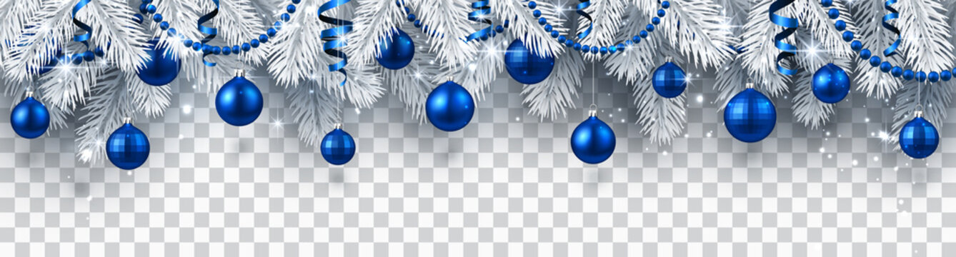 Christmas and New Year banner with fir branches and blue Christmas balls on transparent background.