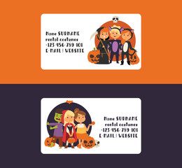 Fototapeta premium Halloween kids costume trick or treat party costumes vector characters. Little child people Halloween bat, candy, ghost, zombie kids costume fun cartoon boys and girls carnival party website banner