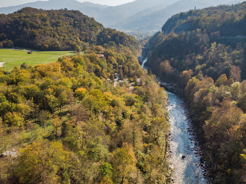 Aerial view over Boves and Soca river valley at autumn