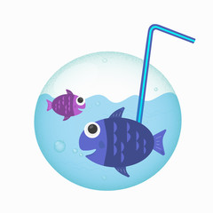 two fish swim in a soap bubble with a drinking tube