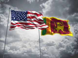 United States of America, USA & Sri Lanka Flags are waving in the sky with dark clouds