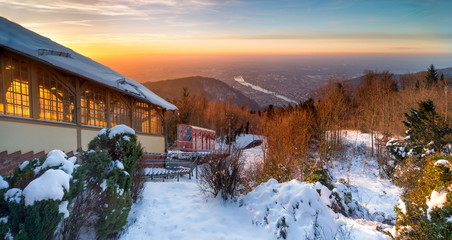 Blick vom Königstuhl auf Heidelberg im Winter, Baden-Württemberg, Deutschland
