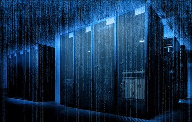 fantastic symmetric data center room with binary code penetrating supercomputers