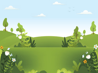 Spring background illustration. Nature green background with plants and flower. Beautiful spring scenery background