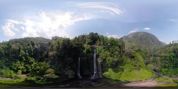 vr360 waterfall in green rainforest. Aerial view triple tropical waterfall Sekumpul in mountain jungle. Bali,Indonesia. Travel concept. Aerial footage.