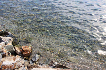 Sea water surface with shoreline rocks texture ripples beach