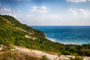 Seascape, clear sky. Summer panorama, green vegetation. Calm sea.