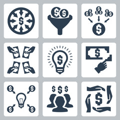 Crowdfunding and investing vector icons set