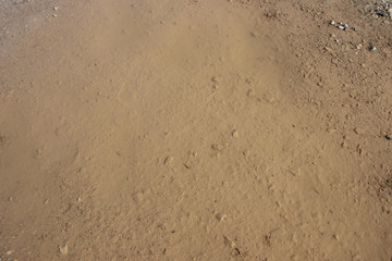 Fototapeta na wymiar Muddy puddle on beige brown dirt road abstract horizontal