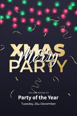 Xmas party poster template. Winter holiday design with shiny Xmas garland lights. Christmas card.