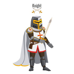 Medieval knight in armor, warroir, with a sword in his hand, cloak, helmet, attributes. Vector, illustration, cartoon style, isolated
