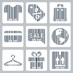 Shopping related concept icons set , barcode style