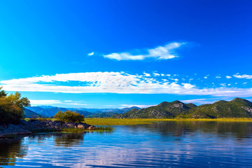 Obraz premium The beautiful smooth surface of the blue lake reflects the blue sky with white clouds, hilly terrain with trees among the stone slopes on the shore. Skadar Lake, Podgorica region, Montenegro.