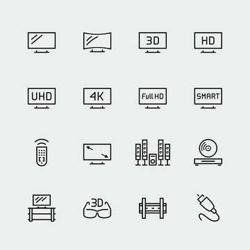 TV related vector icon set, thin line style