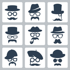 Icon set of vector mustaches, hats and glasses