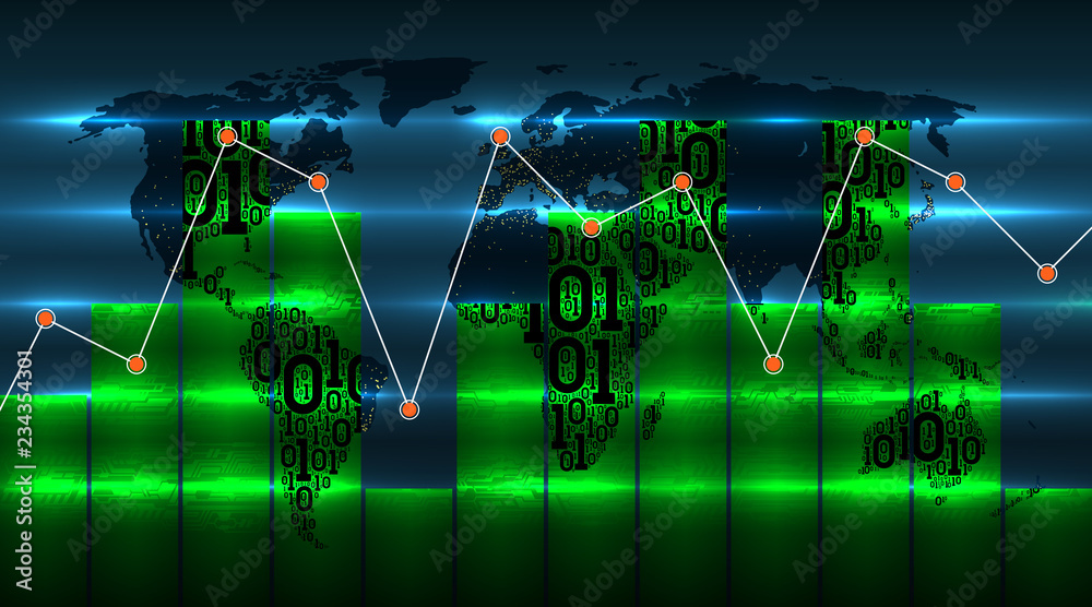 Poster chart and graph on background of world map with emerging digital global technologies. map of earth f