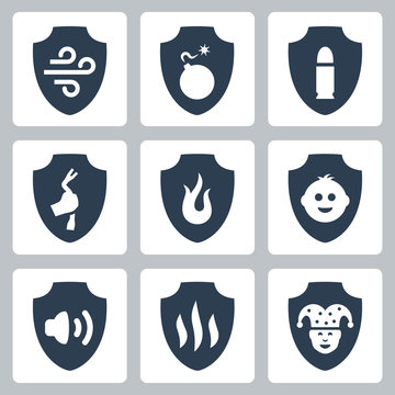 Protection and resistance related vector icon set: airproof, bombproof, bulletproof, burglarproof, flameproof, childproof, foolproof and etc.