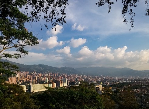 Panoramic of El Poblado, in the Colombian city of Medellin. View of the imposing mountains and skyscrapers of this thriving city in the process of development.